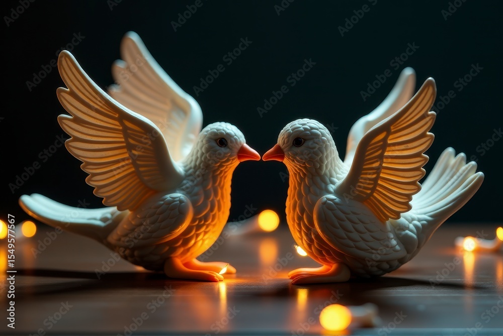 Fototapeta premium Two white doves facing each other, symbolizing love and unity, illuminated by soft candlelight.