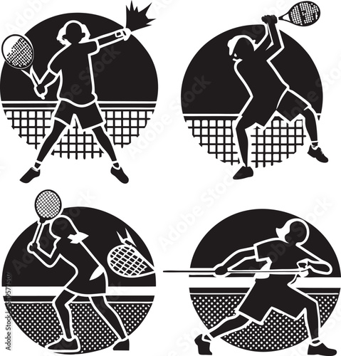 Tennis Player Silhouettes in Action on the Court Black and White