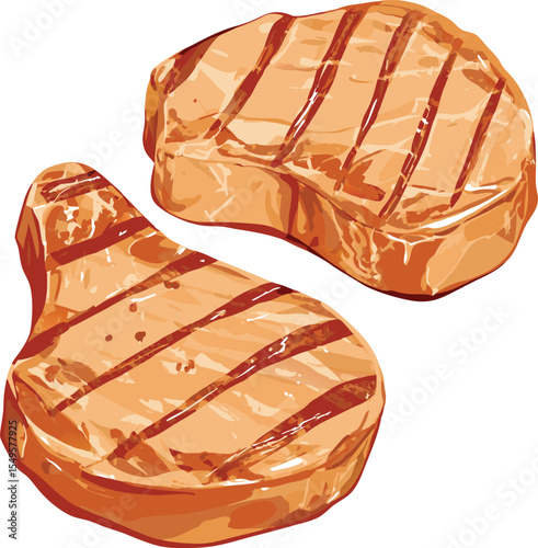 Grilled Pork Chops Illustration with Grill Marks on a White Background