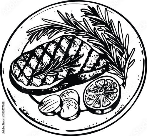 Hand Drawn Steak on Plate with Rosemary Lemon and Potatoes