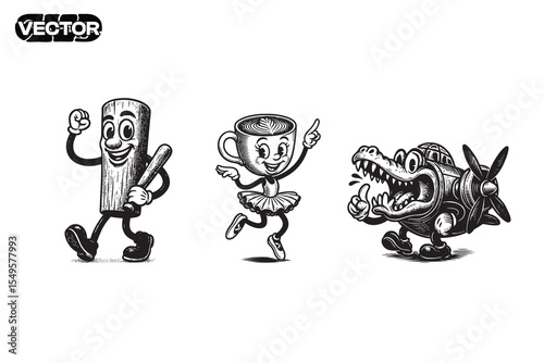 Collection of retro cartoon anomaly characters, vector illustration. tung tung tung sahoor, ballerina cappucina, bombardiro crocodilo
