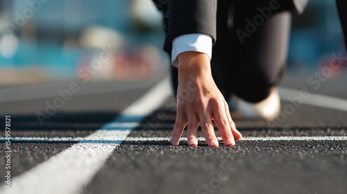 Businesswoman ready to start a race in a running track