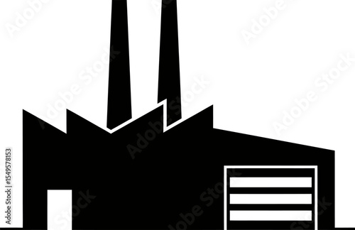 Industrial Factory Building Icon  Black and White Silhouette of a Manufacturing Plant with Tall Chimneys and Loading Dock