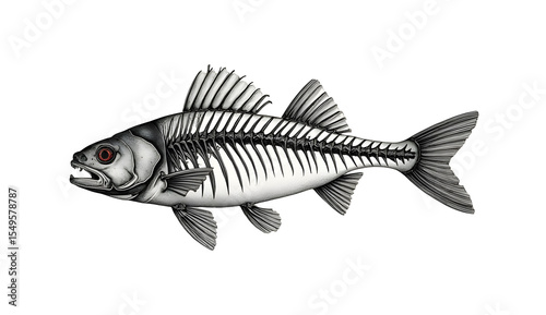 Fish skeleton illustration in vintage stipple engraving style isolated on white background
