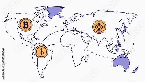 Cryptocurrency Coins and Global Map Representing International Transactions.