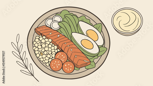 Delicious Salmon and Quinoa Bowl with Avocado Eggs and Dressing.