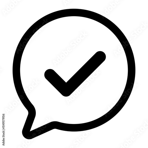 Verified Conversation Symbol: A concise vector icon showcasing a checkmark inside a speech bubble, ideal for representing confirmation or a completed discussion. 