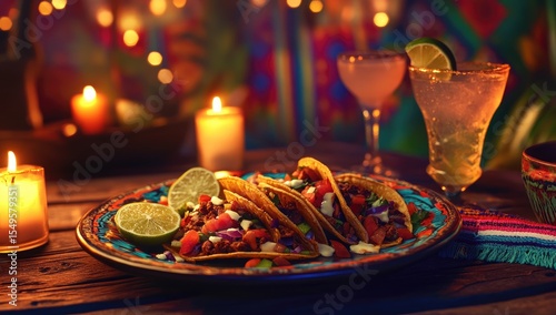 Festive tacos and margaritas on a rustic table, lit by candles