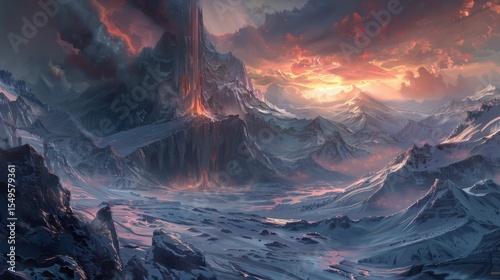 Epic Volcanic Eruption in a Frozen Mountain Range with a Dramatic Sunset Sky