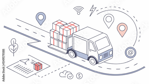 Delivery Truck on Road with Packages and Tracking.
