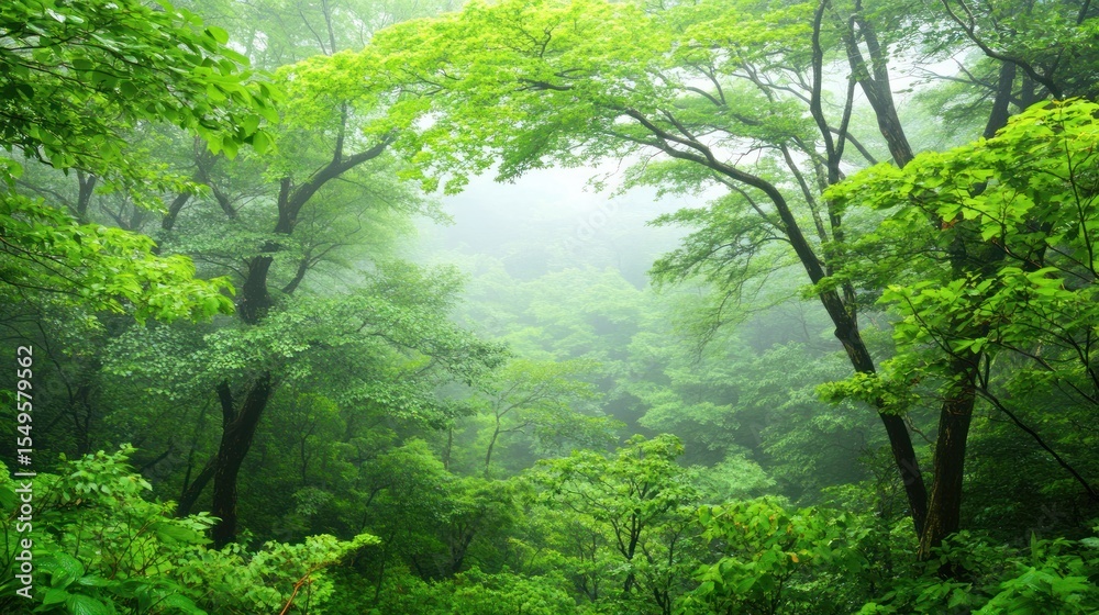 Fototapeta premium Lush green forest canopy, misty view