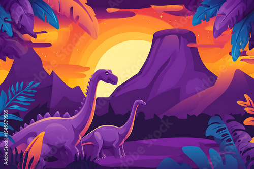 Dinosaur land in bright stylized colors