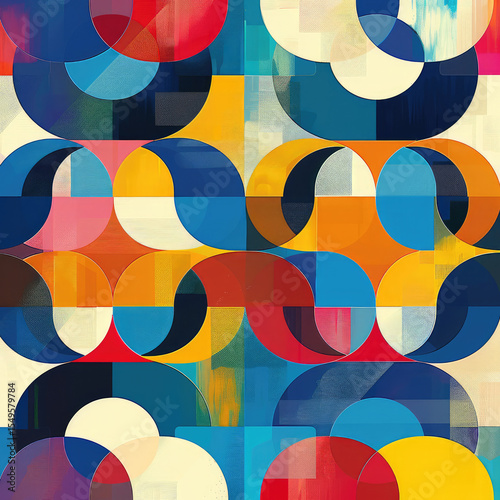 Vibrant geometric patterns with colorful circles and shapes create dynamic visual experience. interplay of blue yellow primary colors evokes energy and creativity, perfect for modern decor
