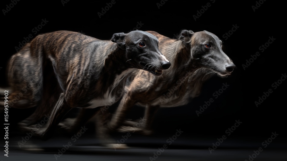 Fototapeta premium Two Brindle Greyhounds Running on Black Background