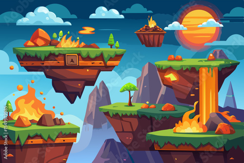 Dynamic side-scrolling game environment in vector style, featuring floating islands, lava pits, jungle ruins, and mechanical traps, suitable for platformer assets and print-on-demand game tees
