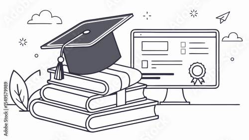 Graduation Cap Books and Computer Representing Online Education.