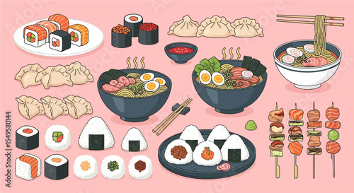 Assorted Colorful Japanese Sushi Ramen Dumplings and Skewers on Pink Background
