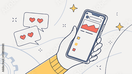 Hand Holding Smartphone with Social Media Post and Likes.