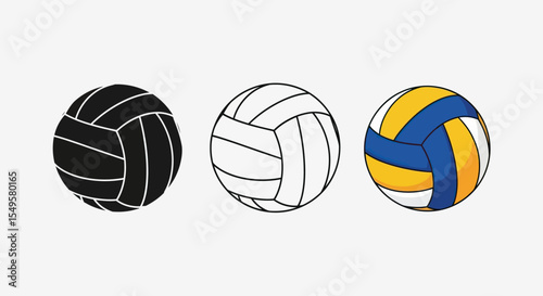 Three Volleyballs in Black White and Blue Yellow Colors on White Background
