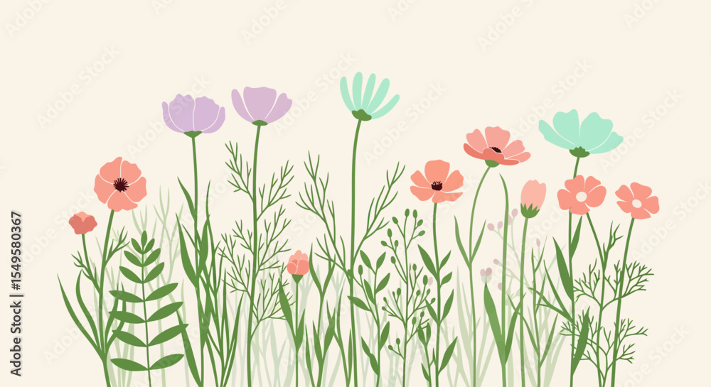 Fototapeta premium Colorful Wildflowers Growing in Green Grass on Light Beige Background 