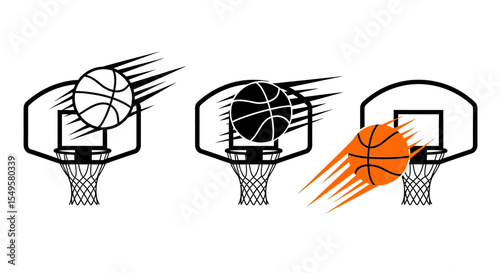 Basketball Moving Quickly Toward Hoop Icon Set with Dynamic Motion Lines
