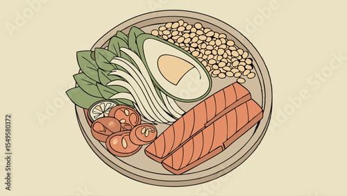 Illustrated Salmon Bowl with Avocado Greens and Tomatoes.