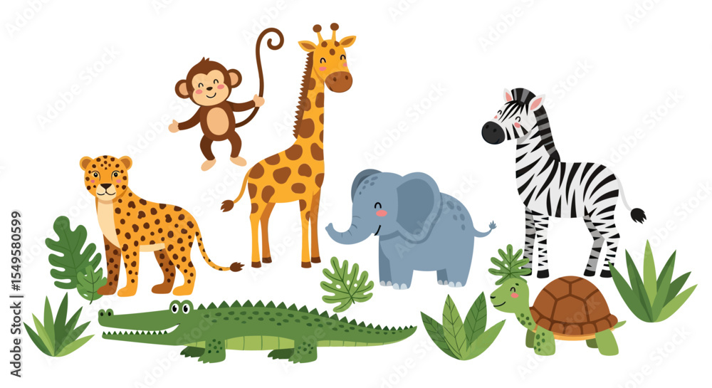 Obraz premium Cute Colorful Cartoon Jungle Animals Group with Playful Monkey and Green Plants 