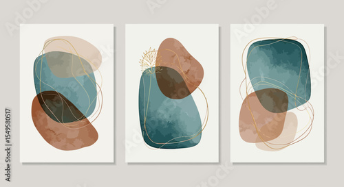 Abstract Organic Shapes in Earthy Blue Brown and Beige Tones on White Background Wall Art
