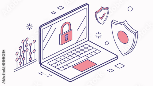 Isometric Illustration of Laptop with Security Padlock and Shields.