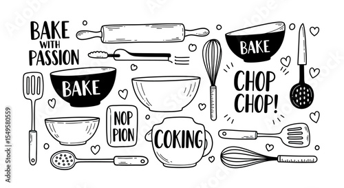 Black and White Hand Drawn Kitchen Utensils and Baking Bowls Illustration with Cooking Quotes
