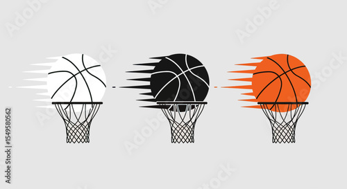 Three Dynamic Basketballs in White Black and Orange Flying into Hoop on Gray Background
