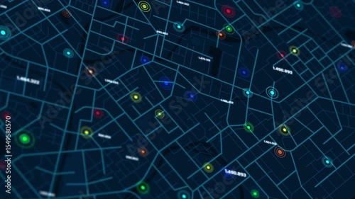 3D rendering a map of the community town with roads and alleys with circles indicate the destinations with random numbers for cyber technology and futuristic concept