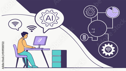 Man Working on Computer with AI and Technological Elements.