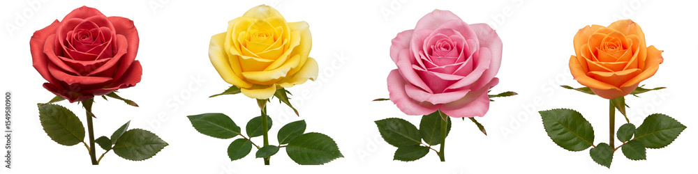 Four colorful roses in red, yellow, pink, and orange on white Four colorful roses in red, yellow, pink, and orange on white