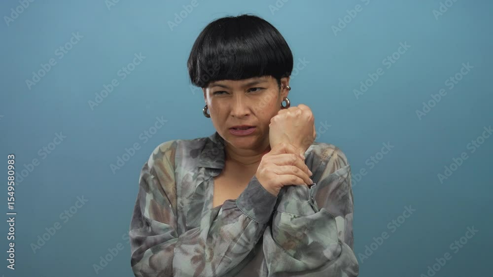 Young woman experiencing wrist pain against a blue background holds her wrist with a concerned expression emphasizing discomfort and medical condition. Young woman experiencing wrist pain against a blue background holds her wrist with a concerned expression emphasizing discomfort and medical condition.
