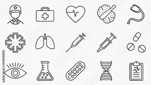 Medical Icon Set: A minimalistic collection of essential medical icons, meticulously rendered, representing diverse facets of healthcare and medicine for use in various medical applications.