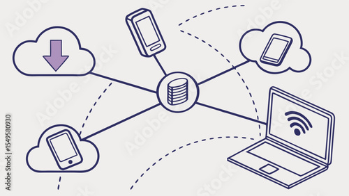 Network Diagram with Cloud Storage Laptop and Mobile Devices.