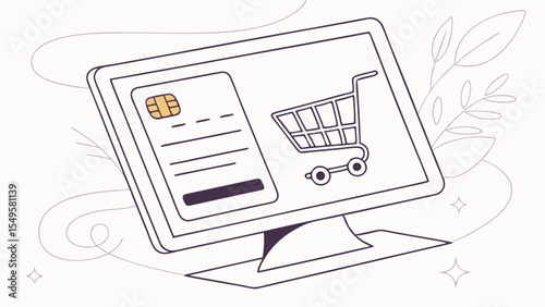 Online Shopping Interface with Credit Card and Cart Icon.