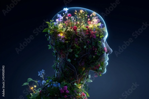 A human head silhouette contains a blooming garden inside the head, symbolizing mental health, growth, and inner peace.