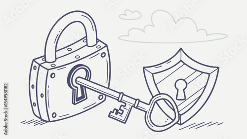 Padlock Key and Shield Security and Protection Concept Illustration.