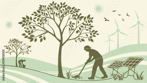 Person Planting a Tree Near Solar Panels and Wind Turbines.
