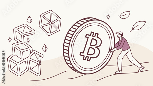 Person Pushing a Large Bitcoin Coin Through Abstract Shapes.