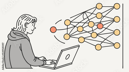 Person using laptop with neural network visualization connected dots.