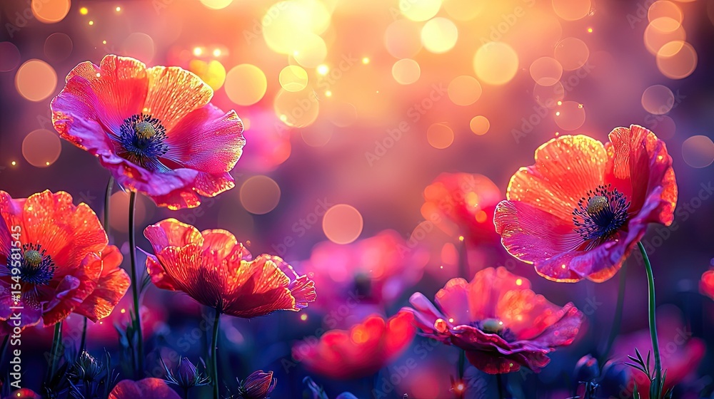 Obraz premium Vibrant poppies in a magical field at dawn.