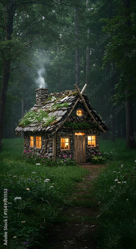 Enchanted Woodland House with Moss Roof and Flower Garden Enchanted Woodland House with Moss Roof and Flower Garden