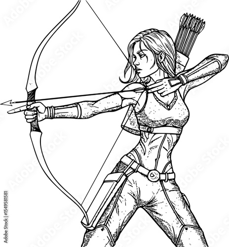 silhouette of female archer, drawing back bow, windblown hair, black and white, vector art, line art
