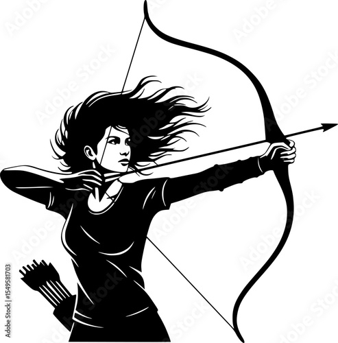 silhouette of female archer, drawing back bow, windblown hair, black and white, vector art, line art
