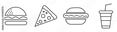 Fast food icon set. Burger sandwich pizza hot dog cola coffee sweets. fast food thin line icons. vector illustration on white background
