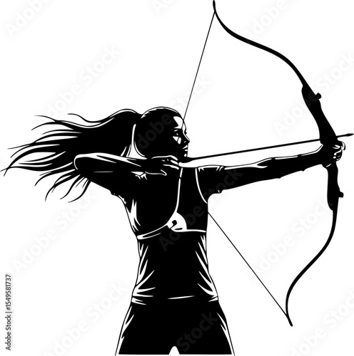 silhouette of female archer, drawing back bow, windblown hair, black and white, vector art, line art
