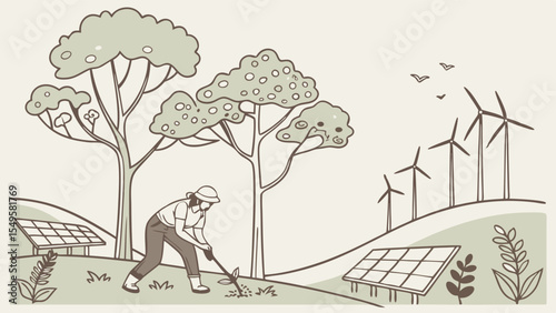 Sustainable Energy and Agriculture A Cartoon Illustration of EcoFriendly Practices.